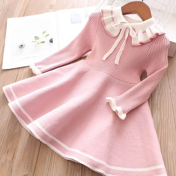 Autumn children warm Sweater dress for girls infant casual pure color Pleated princess dress Baby girl winter knitted dress