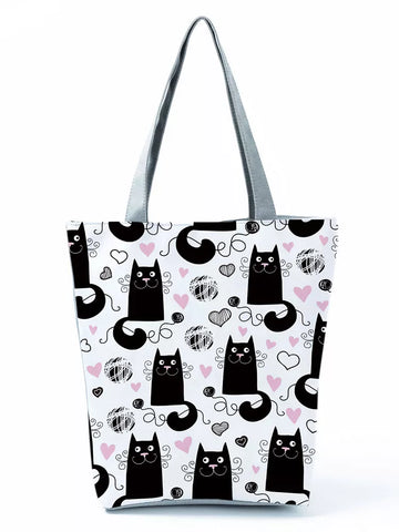 Fashion Black Cartoon Cat Printed Female Shoulder Bag High Capacity Eco Reusable Shopping Bag Lady Outdoor Tote Girl Women Gift