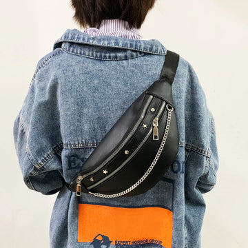 Hip Hop Waist Bag for Women Rivet Fanny Pack PU Leather Belt Bag Chain Shoulder Crossbody Chest Bags Female Handbag and Purse