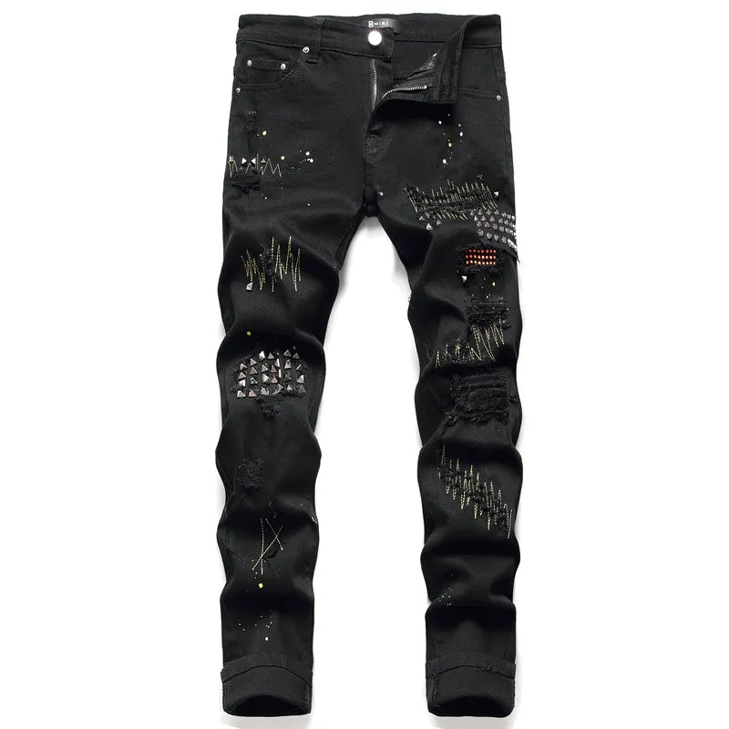 Diamond Broidered Jeans Men's Stracted Inside Floral Trim Splash Ink Slim Cotton Stretch Leather Standard Black Pantal