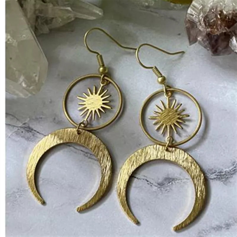 Celestial Sun And Moon Earrings Crescent Phase Boho Witchy Brass Or Antique Silver Color Jewelry 2020 New Women Gift Girlfriend