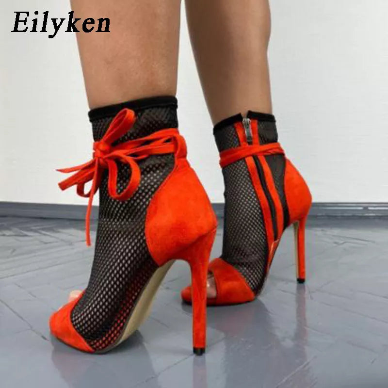 Eilyken Summer Zipper Boots Sandals Black Mesh Sexy Peep Toe Lace Up Women Shoes Stiletto High Heel 11.5CM Pole Dance Booties