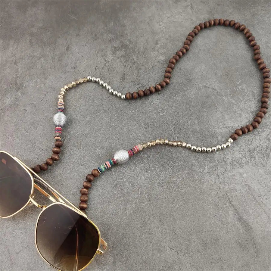 Boho Wood Perles chaînes de lunettes avec des lunettes de soleil en métal argenté Lunettes de lecture de chaîne de chaînes de cordon