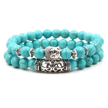 Kmvexo 2pcs / ensemble argenté couleur bouddha têtes lave squelette turquoises perles en pierre naturelle pour femmes bracelet mascule bracelet bracele