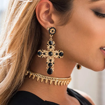 Vintage Black Pink Crystal Cross Drop Earrings for Women Baroque Bohemian Large Long Earrings Jewelry Brincos