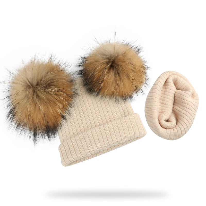 Winter Kids Natural Raccoon Fur Double Pompon Hat And Scarf For Girls Baby Cap With Pompom Children's Accessories Bonnet
