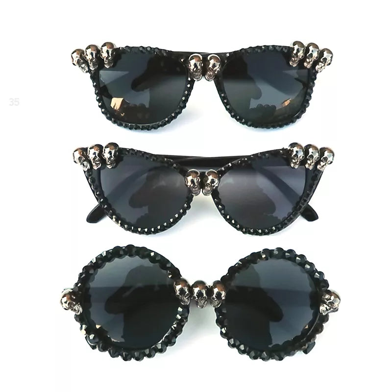 Women Gothic Skull Sunglasses Black Cat Eye Rhinestone Gorgeous Cateye UV400 Protection Ladies Round Sun Glasses Vintage Eyewear