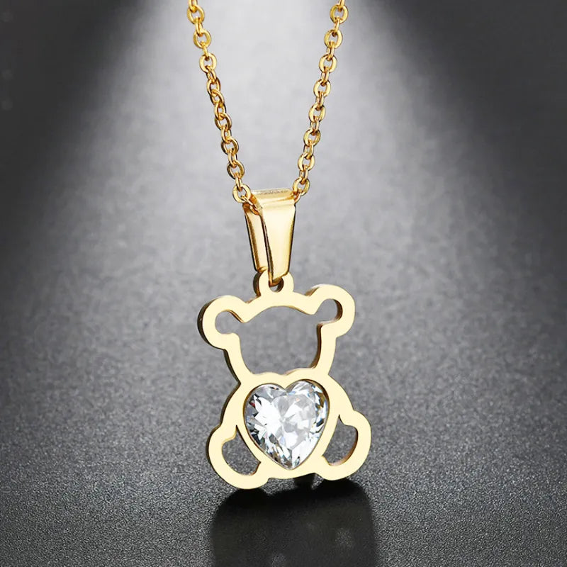 Trendy Bear Shape Pendant Necklace Women's Necklace Heart Shaped Bohemian Crystal Inlaid Necklace Pendant Accessories Party Gift