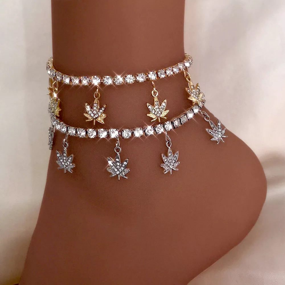 Caraquet Shining Crystal Maple Leaf Anklets for Women Gold Silver Color Full Rhinestone Tennis Chain Ankle Bracelet Jewelry Gift