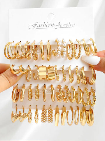 Gold Color Vintage Hoop Earrings Set for Women Boho Metal Circle Geometric Twist Pearl Dangle Earrings Trendy Jewelry Gifts