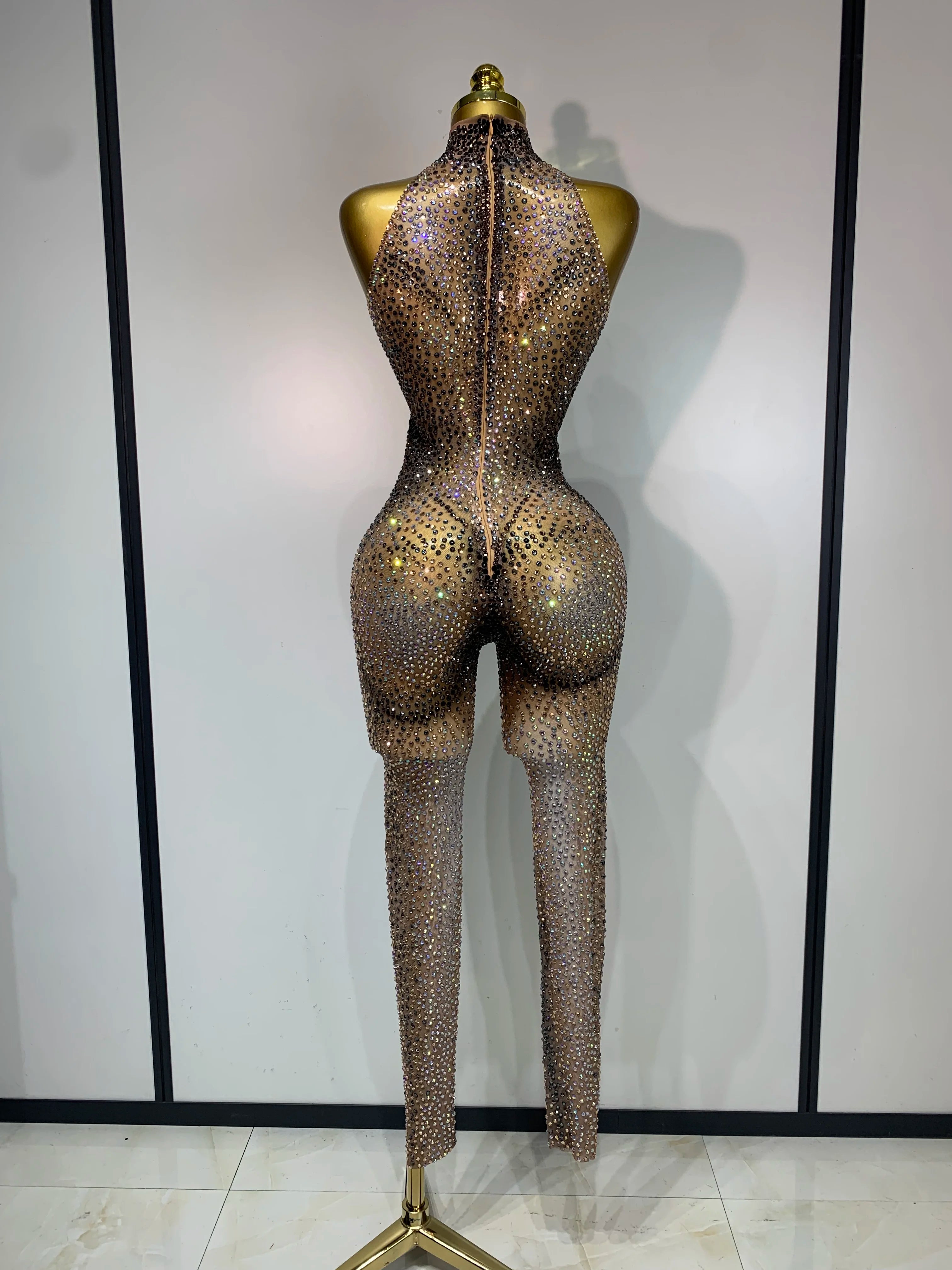 Luxury Rhinestones Mesh See Through Bodycon Jumpsuit Sparkly Nightclub Birthday Party Singer Dancer Stage Performance Costume