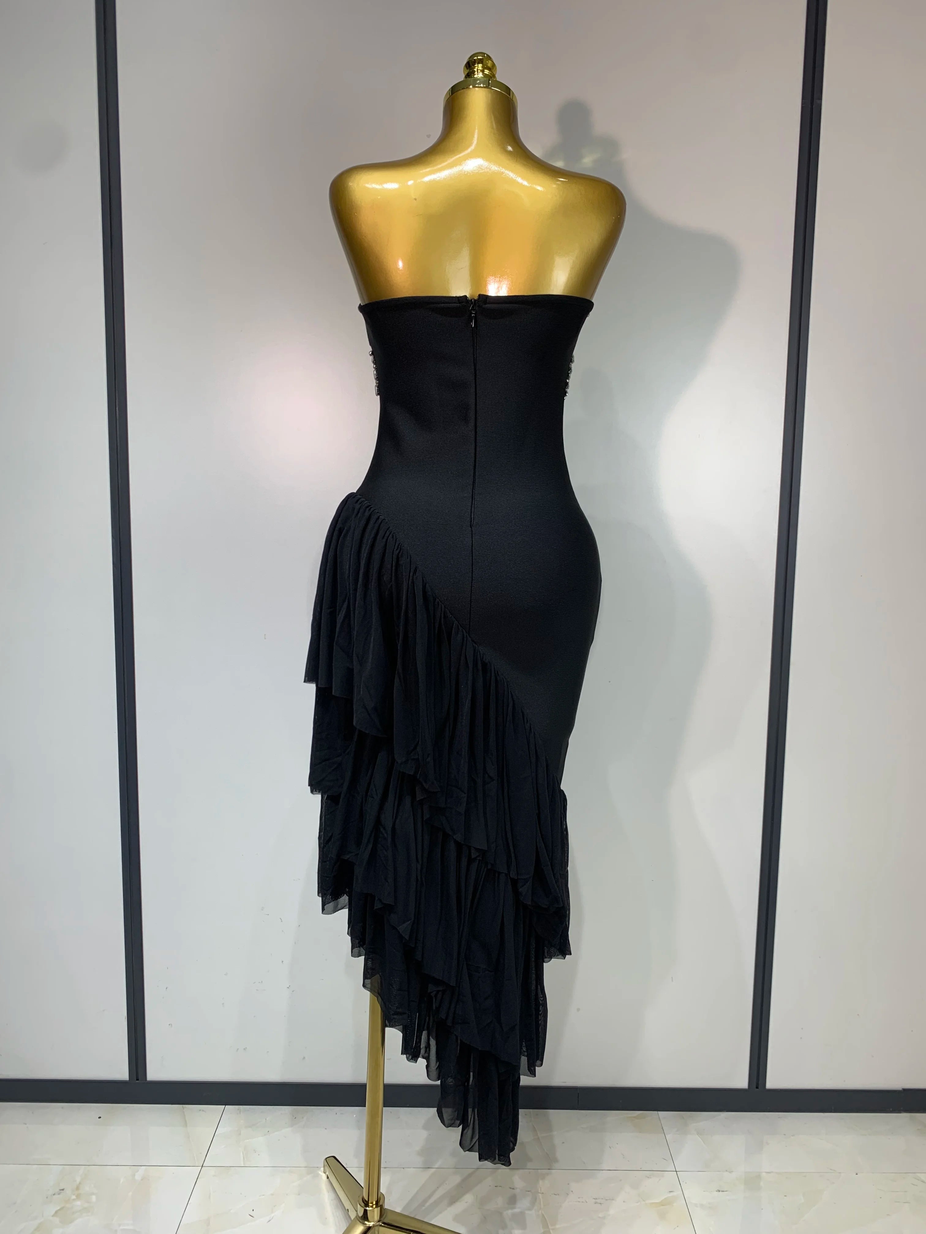 Sexy Strapless Mesh Patchwork Bodycon Bandage Dresses Celebrity Elegant Black Diamonds Slim Evening Party Club Birthday Dress