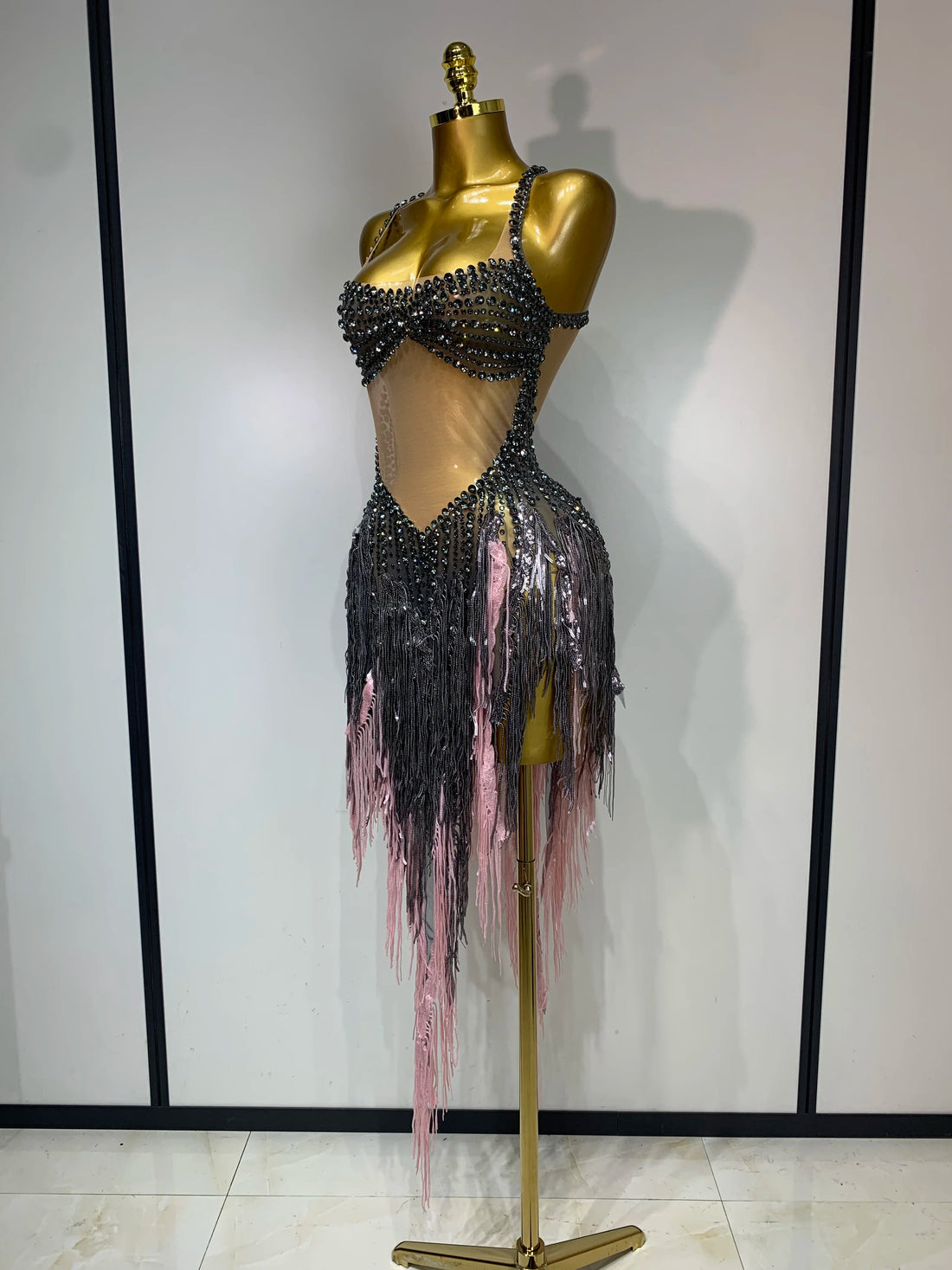 Sparkly Rhinestone Tassel Mesh See Through Dress Pole Dancer Singer Outfit Women Evening Party Club Stage Performance Outfit