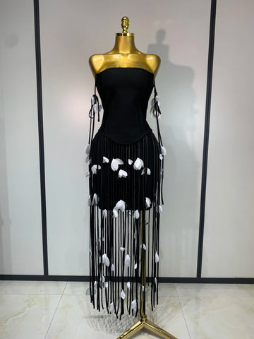 Women Sexy Strapless Tassel Black Red Bodycon Bandage Dresses Birthday Evening Party Club Celebrity Elegant Knitted Clothing