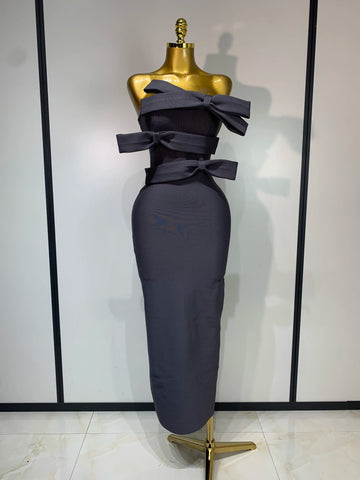 Women Sexy Strapless Gray Bow Bodycon Bandage Dresses Celebrity Elegant Knitted Evening Club Party Luxury Birthday Dress