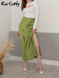 Silk Satin Skirts for Women Summer Casual Style A-line Solid Color Elastic High Waist Side Slit Champagne Skirt