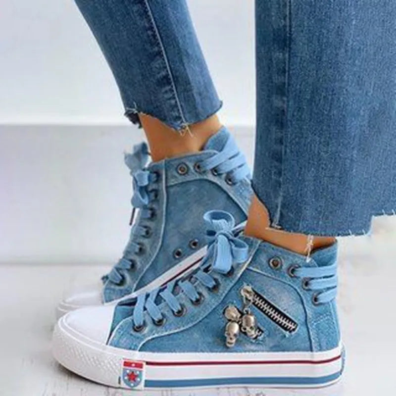Spring/Autumn Casual Shoes Trainers Walking Skateboard Lace-up Femmes Women Retro Fashion Sneakers Denim High Gang Canvas Shoes