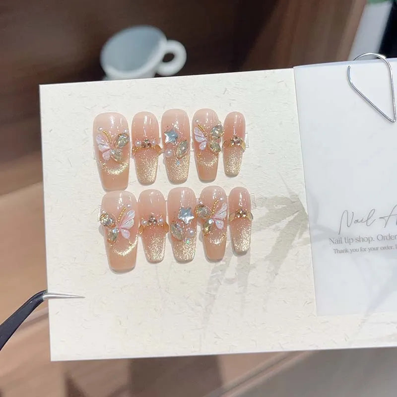 10Pcs Mid-length Ballet Cat Eye Handmade Gel Nails with Glue Sweet Mori Girl Nail Art Shimmery Butterfly Fake Nail Manicure Tips 1 M