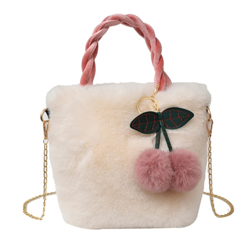 Plush Shoulder Bag with Cherry Pendant for Women Girl Trendy Handbag Tote Bag