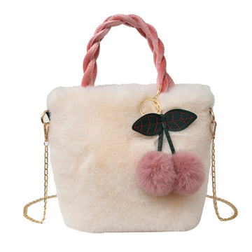 Plush Shoulder Bag with Cherry Pendant for Women Girl Trendy Handbag Tote Bag