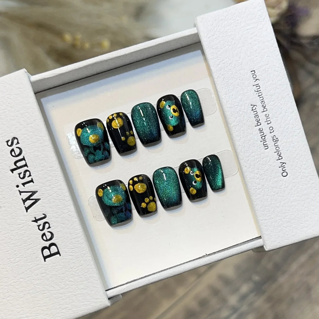 10Pcs Cute Sweet Teddy Bear Handmade Fake Nail Press Ons Sparkling Gel Nails with Glue Cartoon Nail Design Ombre False Nail Tips