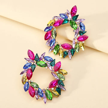 Boucles d'oreilles bohème en cristal coloré pour femmes, grandes boucles d'oreilles creuses en métal, tendance de luxe, accessoires de bijoux de fête classiques particuliers 