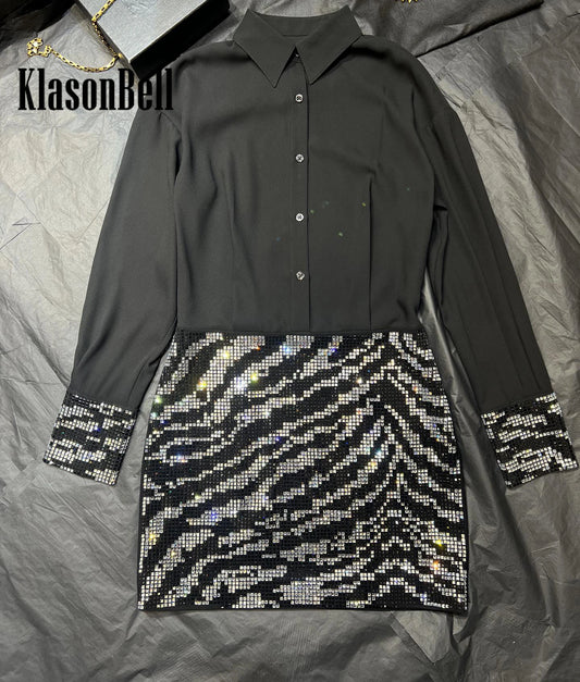 1.12 KlasonBell Temperament Luxury Bling Diamonds Long Sleeve Shirt Collect Waist Sexy Package Hip Dress Women