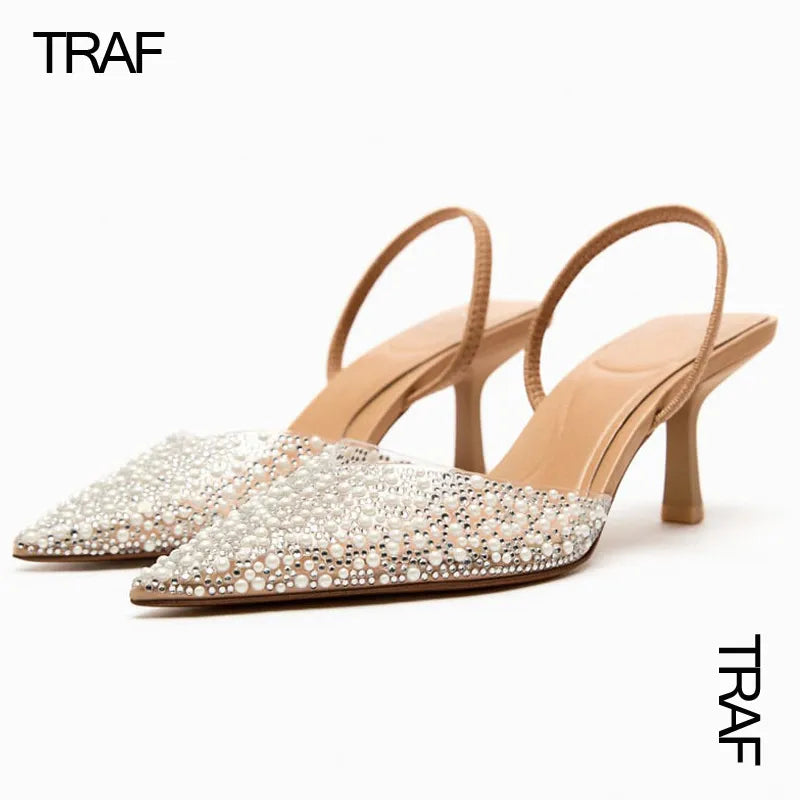 TRAF Pointed toe Pearl Heels Women High-heeled Slingback High heels 2023 Woman Pumps Wedding Bride Transparent Rhinestone Heels