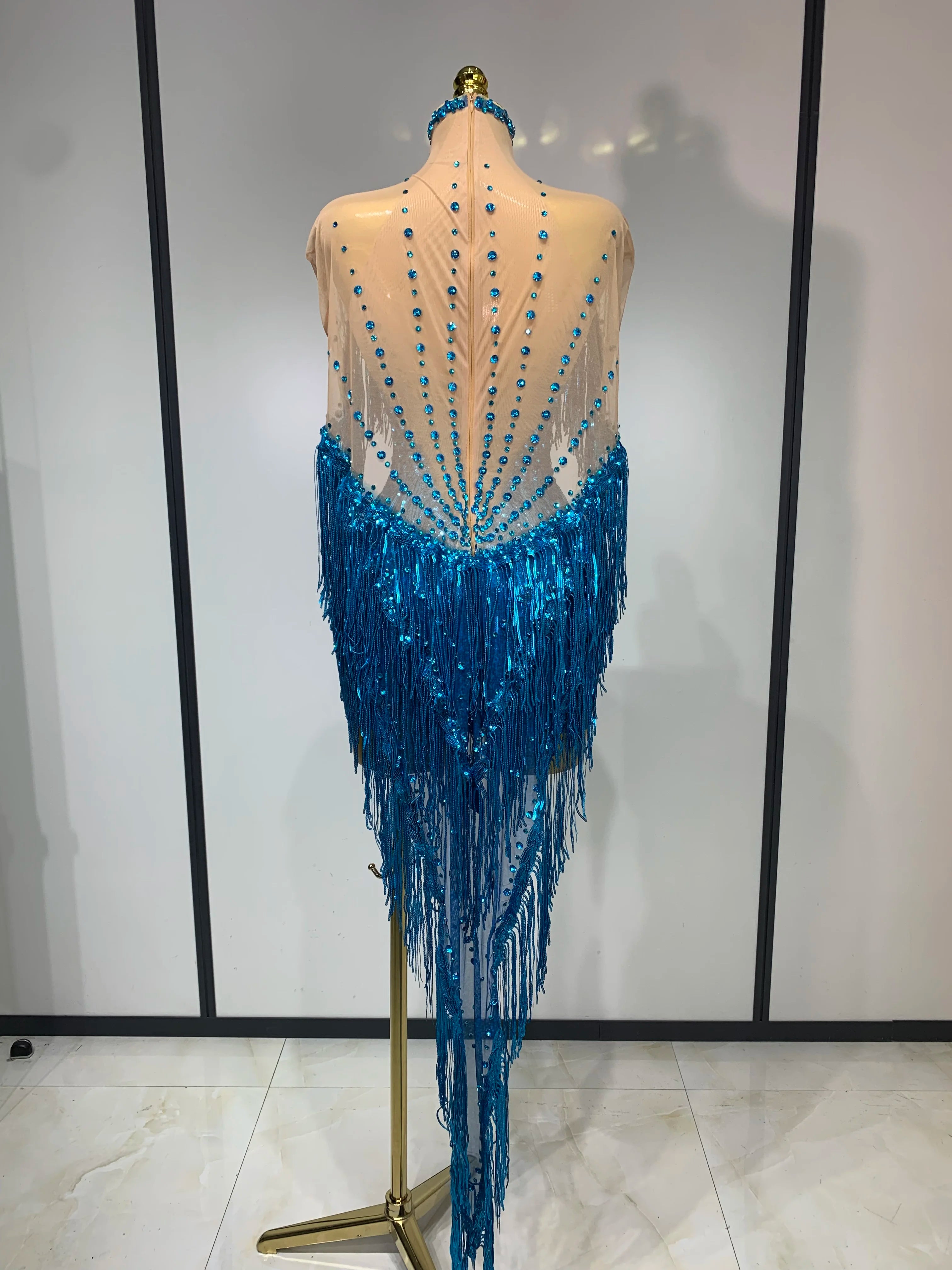 Blue Rhinestone Tassel See Through Mesh Dress Stage Performance Clothes Luxury Birthday Evening Parrty Photo Shoot Dress