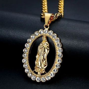 Classic personality hollow Virgin Mary pendant religious men and women artificial zircon necklace retro catholic jewelry