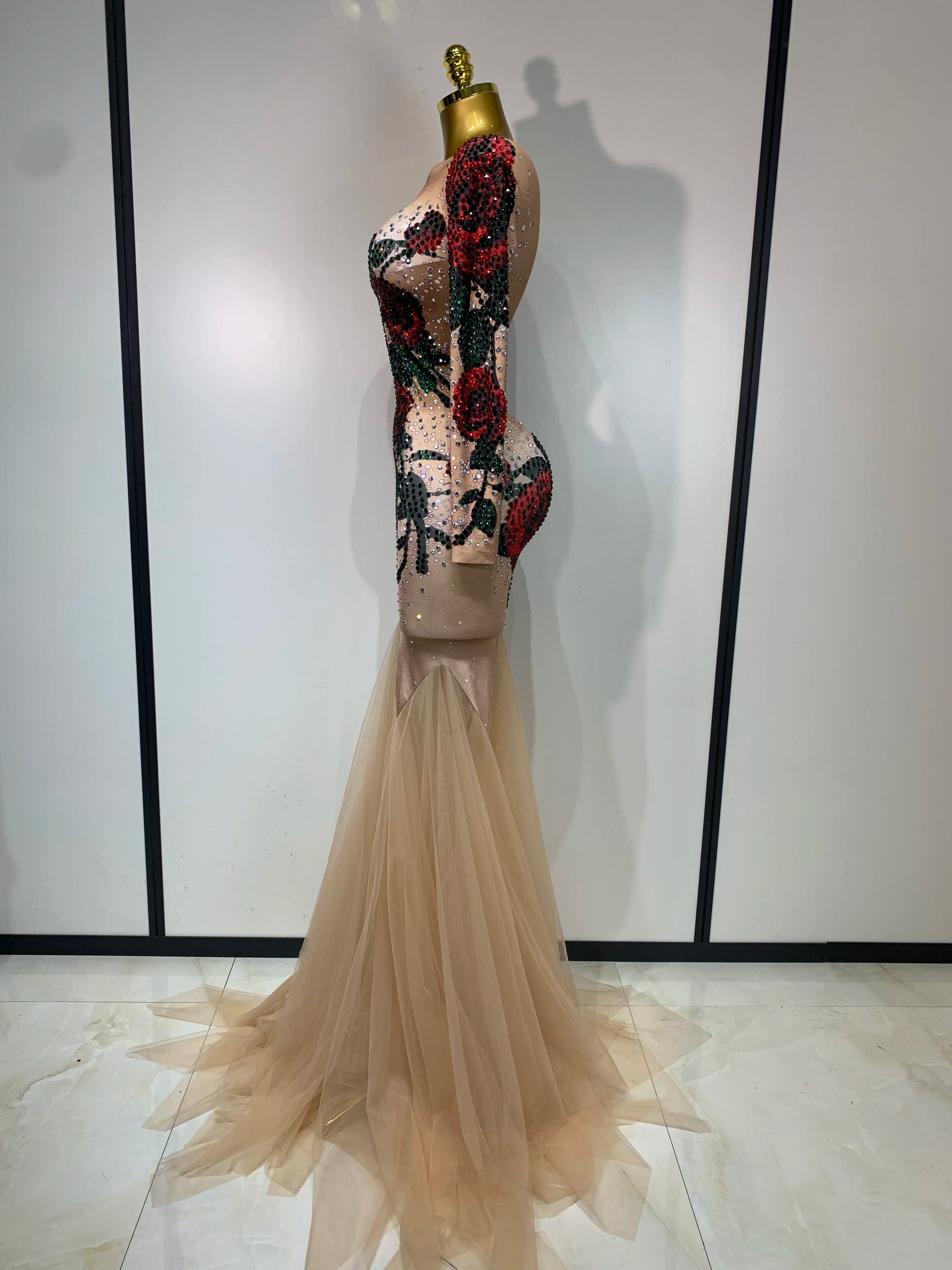 Sexy Shiny Rhinestone Rose Floral Maxi Long Dress Women Eveing Celebrate Birthday Party Nightclub Stage Performance Costume