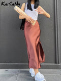 Silk Satin Skirts for Women Summer Casual Style A-line Solid Color Elastic High Waist Side Slit Champagne Skirt