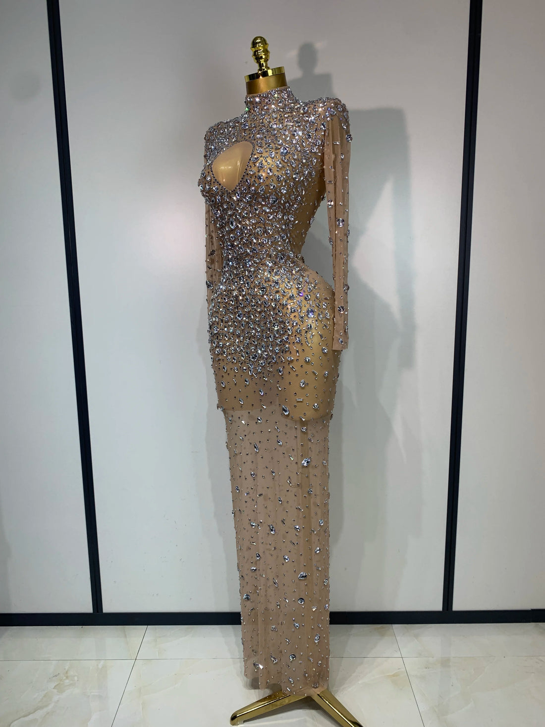 Women Sparkly Diamonds Mesh See Through Bodycon Dress Evening Birthday Party Sexy Nightclub Bar Stage Costume