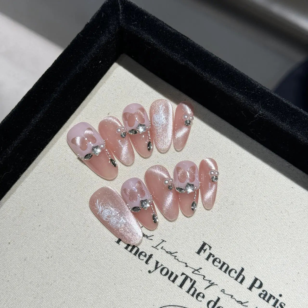 10Pcs Dreamy Ballerina Almond Handmade Gel Nail Glitter False Nails with Diamond Sweet Aurora French Press on Nail Manicure Tips