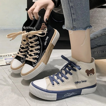2024 Spring Summer Fashion New Bear Women Canvas Shoes High-top Canvas Shoes Lace Up Casual Sneakers Female Off White Shoes