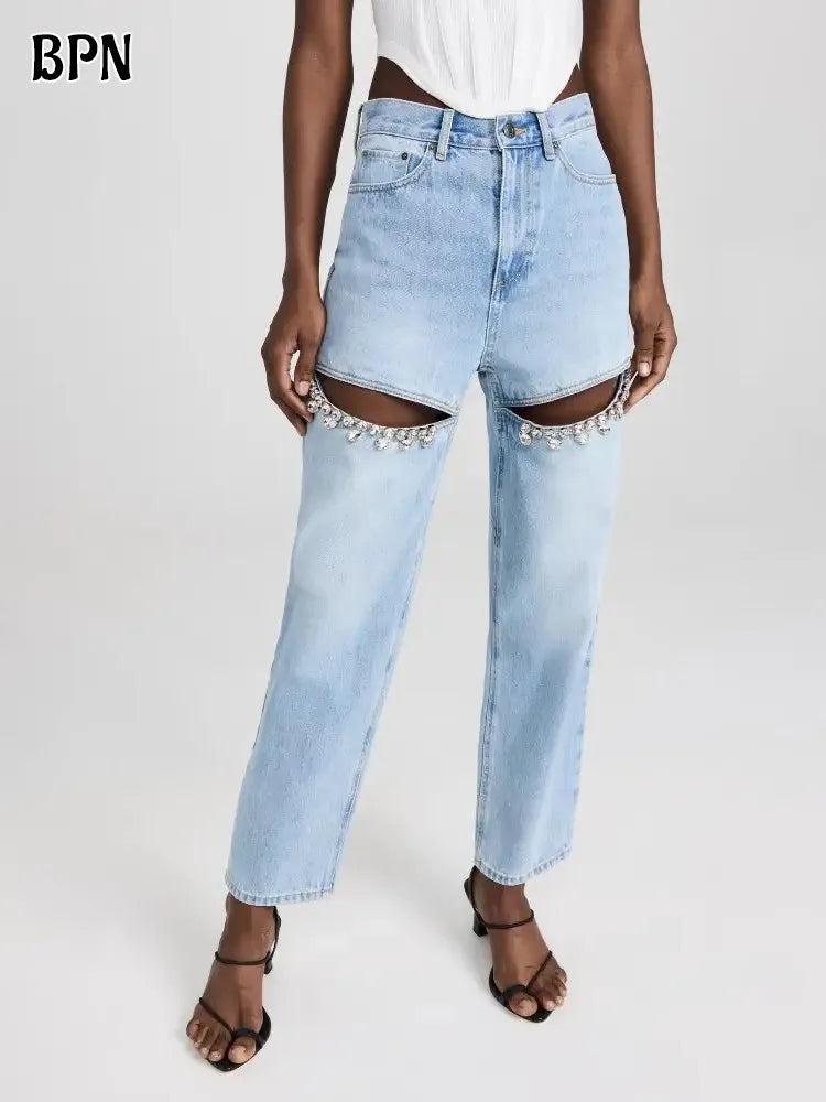 Casual Spliced Diamond Jeans For Women High Waist  Hollow Out Solid Loose Wide Leg Denim Pants Female spring Clothing Style