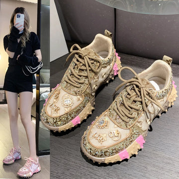 Women Shoes New Rhinestone Women Sneakser Diamond Breathable Luxury Designers Casual Thick Bottoms Shoes Zapatos Mujer Sneakers