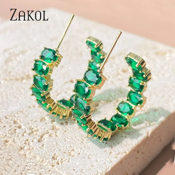 Zakol Fashion Green Circle Shape Boucles d'oreilles Boucle d'oreilles Black Zircon Crystal For Women Engagement Party Statement Bijoux