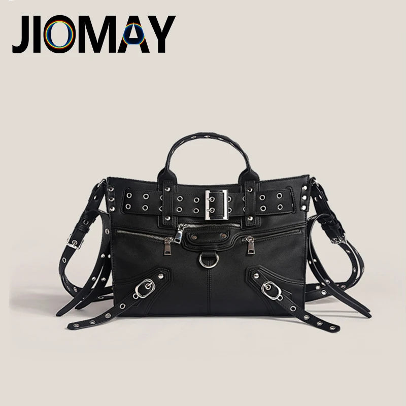 Women Black PU Leather Designer Handbags Ladies Moto and Biker Style Shoulder Bag Rivet Belt Large Capacity Tote Bag
