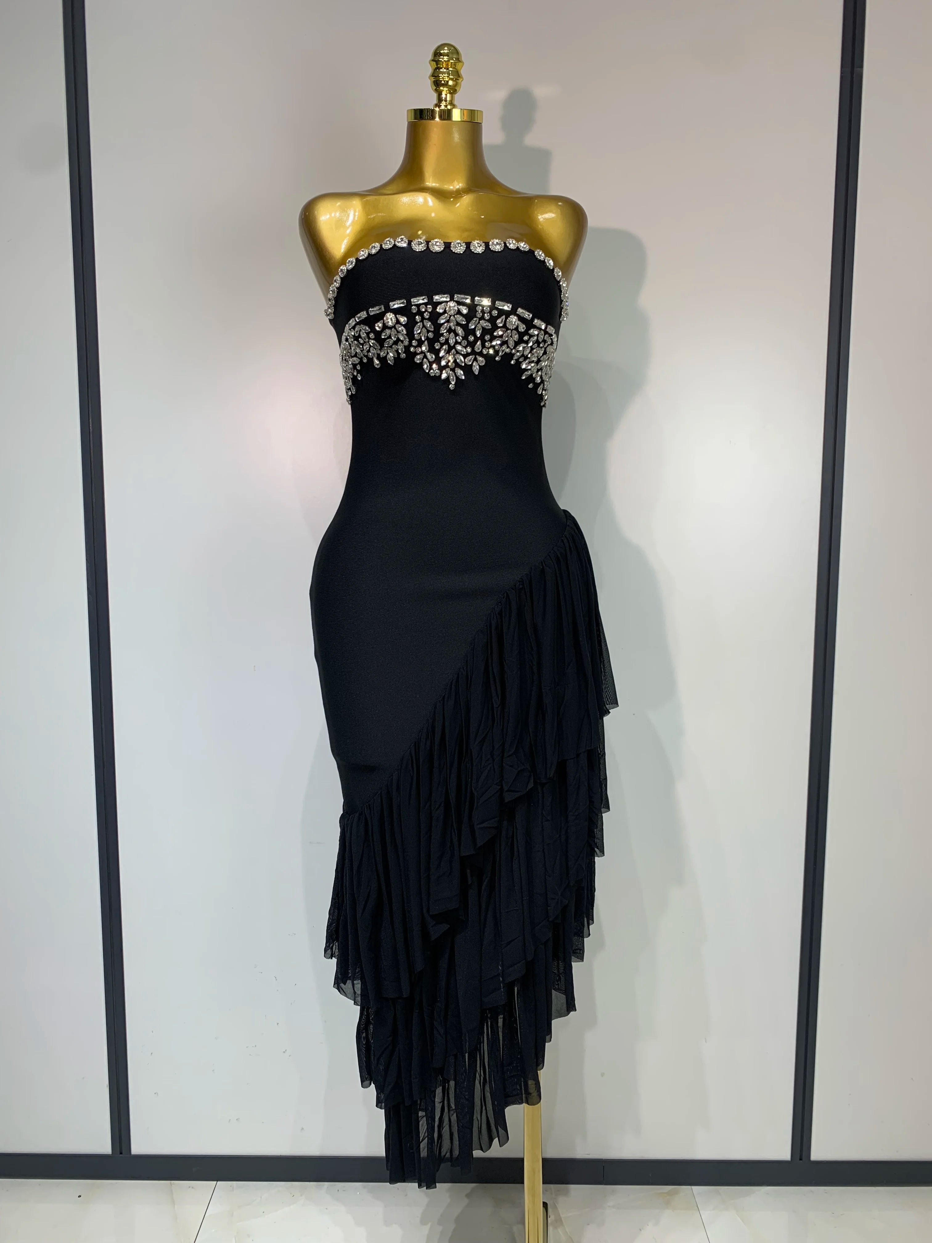 Sexy Strapless Mesh Patchwork Bodycon Bandage Dresses Celebrity Elegant Black Diamonds Slim Evening Party Club Birthday Dress