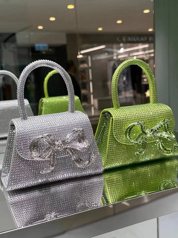 Fashion Rhinestone Bow Handbags Women New Elegant Boutique Glittering Sequin Crossbody Bags Ladies Silver Purse