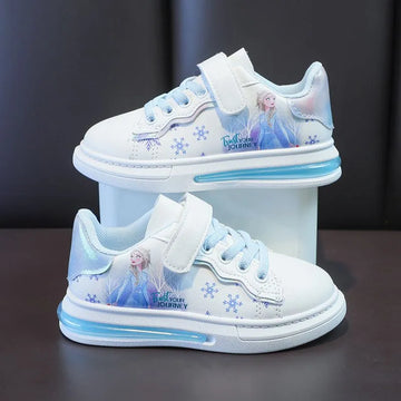 Disney Girls' White Shoes PU Leather Cartoon Princess Elsa Frozen Shoes Spring Girl Baby Waterproof Sports Shoes Flats Size 26-3