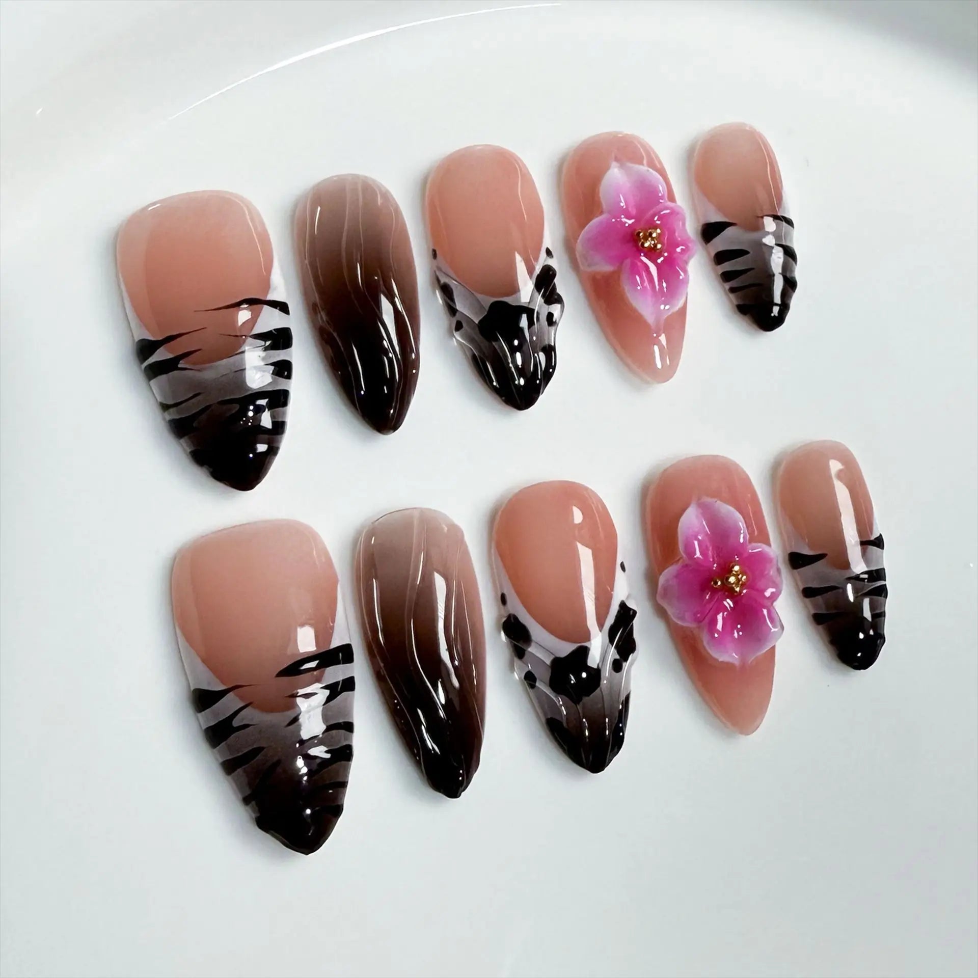10Pcs Almond Press on Nail Leopard Print 3D Flower French Fake Nails Artificial Finished Wearing Beauty Acrylic Manicure Tip Art