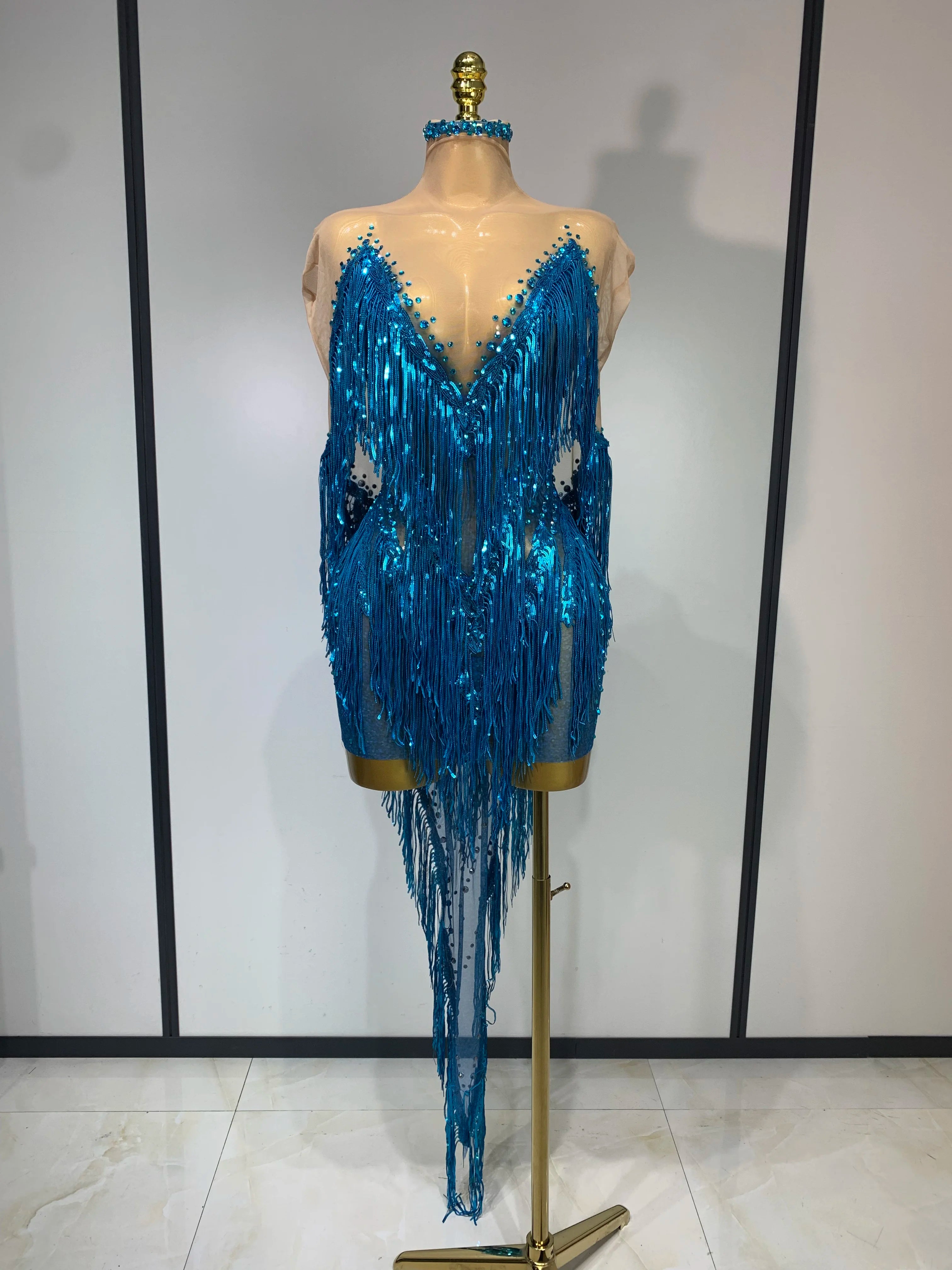 Blue Rhinestone Tassel See Through Mesh Dress Stage Performance Clothes Luxury Birthday Evening Parrty Photo Shoot Dress