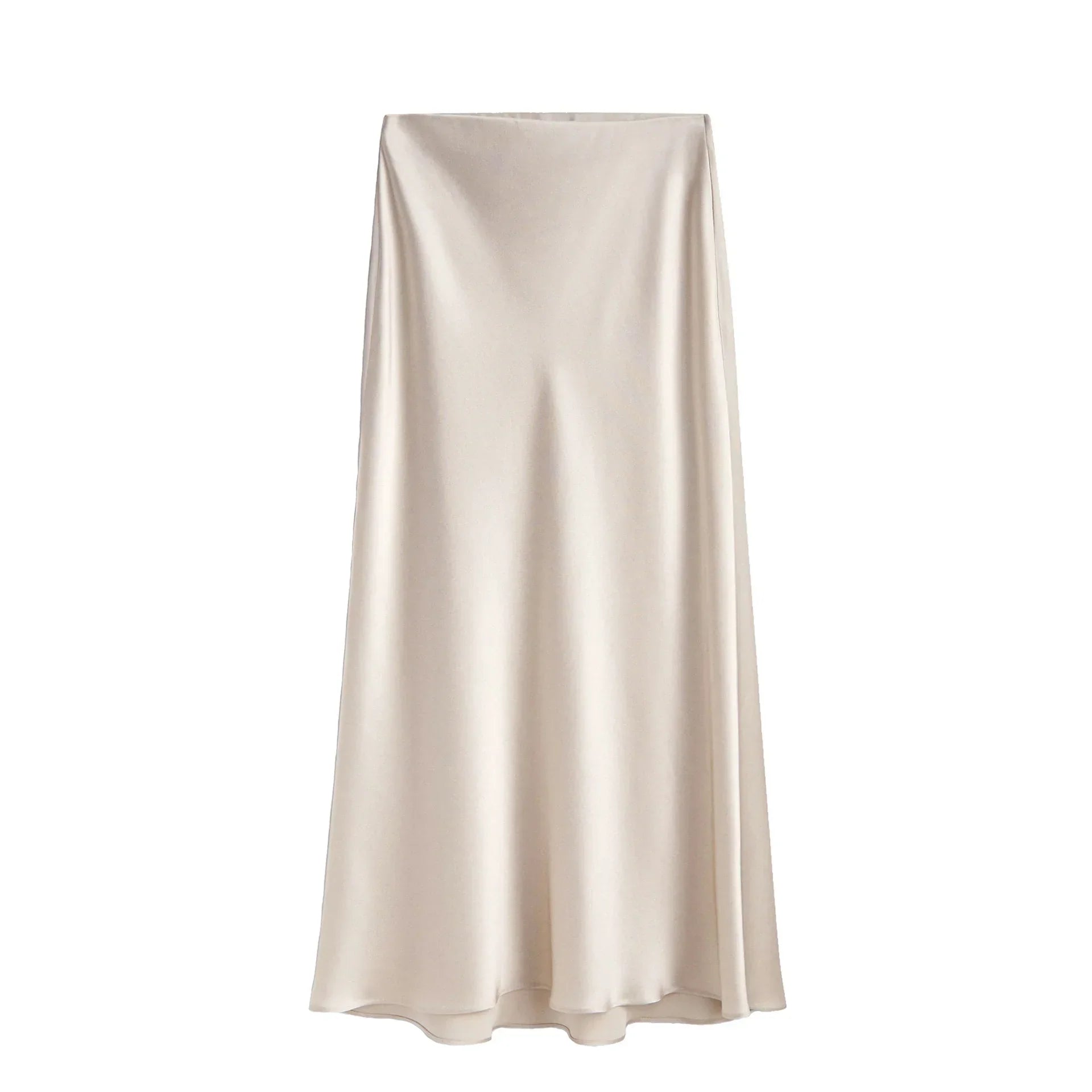 Silk Satin Skirts for Women Summer Casual Style A-line Solid Color Elastic High Waist Side Slit Champagne Skirt Beige