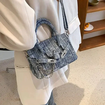 Vintage Denim Crossbody Bag  Luxury Designer Ladies Retro Blue Handbag Women Chic Casual High Street Handle Messenger Bag