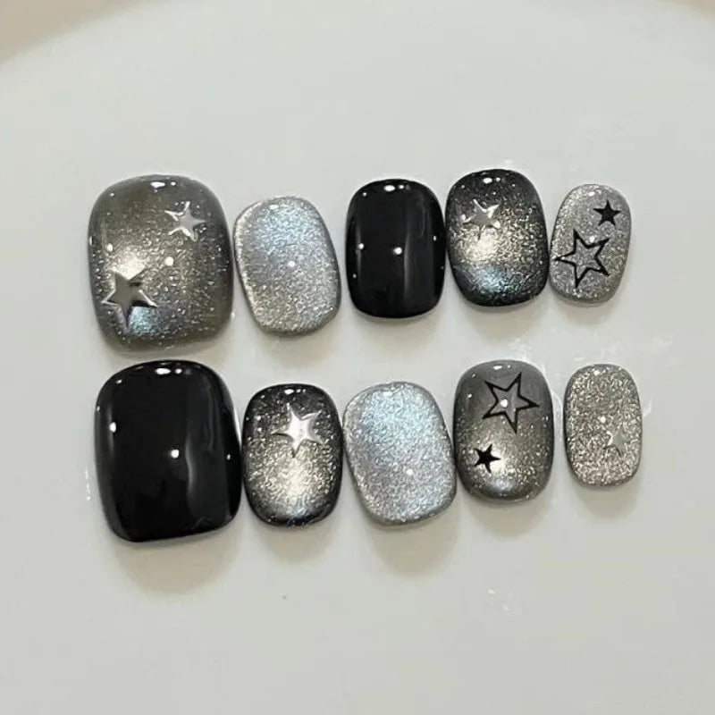 10Pcs Black Cat Eye Fake Nail Cute Stars Handmade Press on Nails Sweet Cool Short Round Wearable Artificial Nails Tips Art Tools