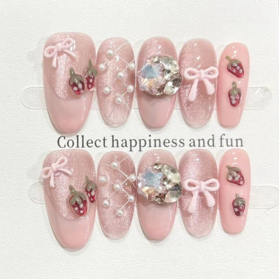 10Pcs Pink 3D Bow Design Oval Fingertips Glitter Cat Eye Mid-length Almond Press on False Nails Cute Love Princess Waerable Nail