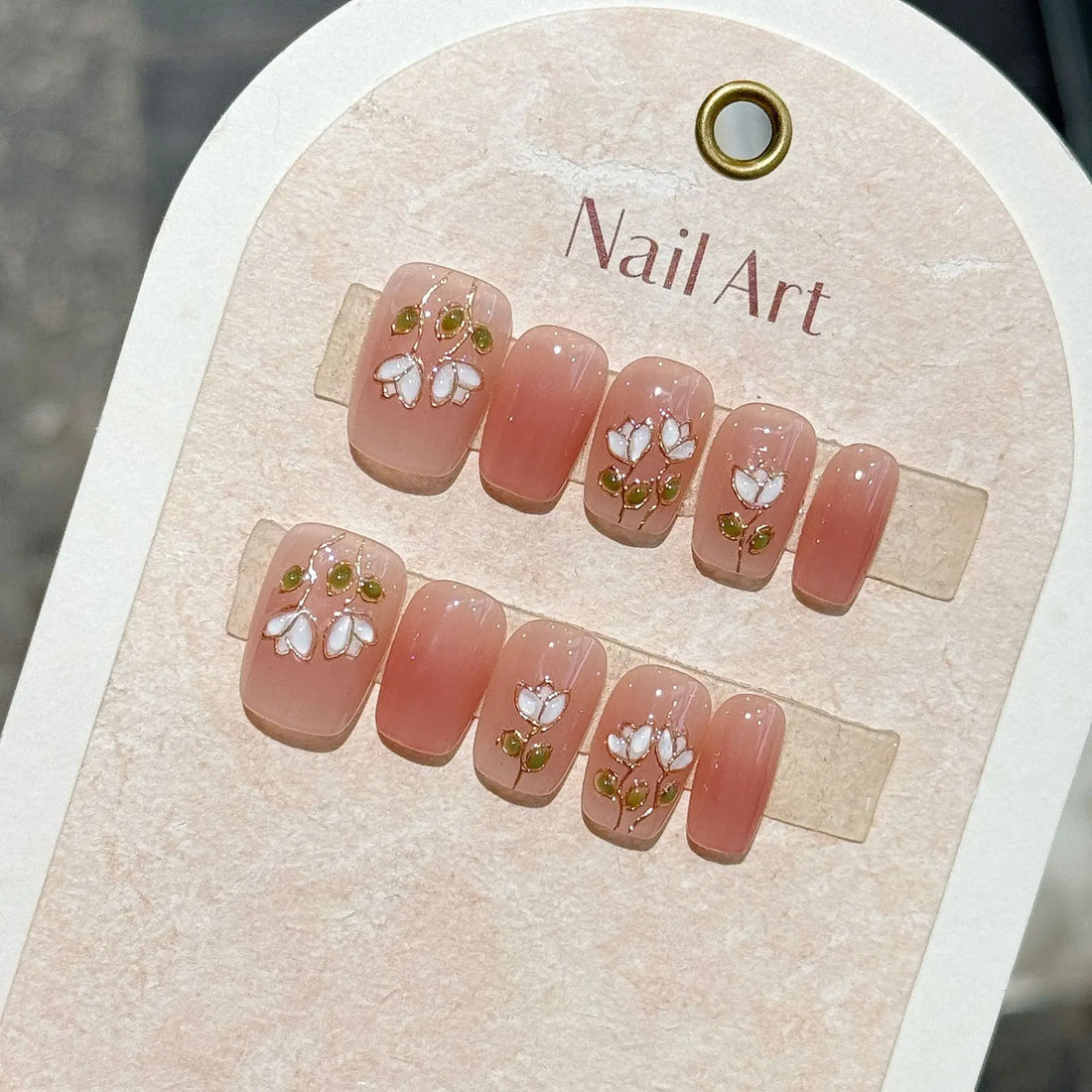 10Pcs Blush Pink Ballet Fake Nails Art Sweet Summer Wearing Fashion Short Square Manicure Handmade White Flowers Nail Stickers