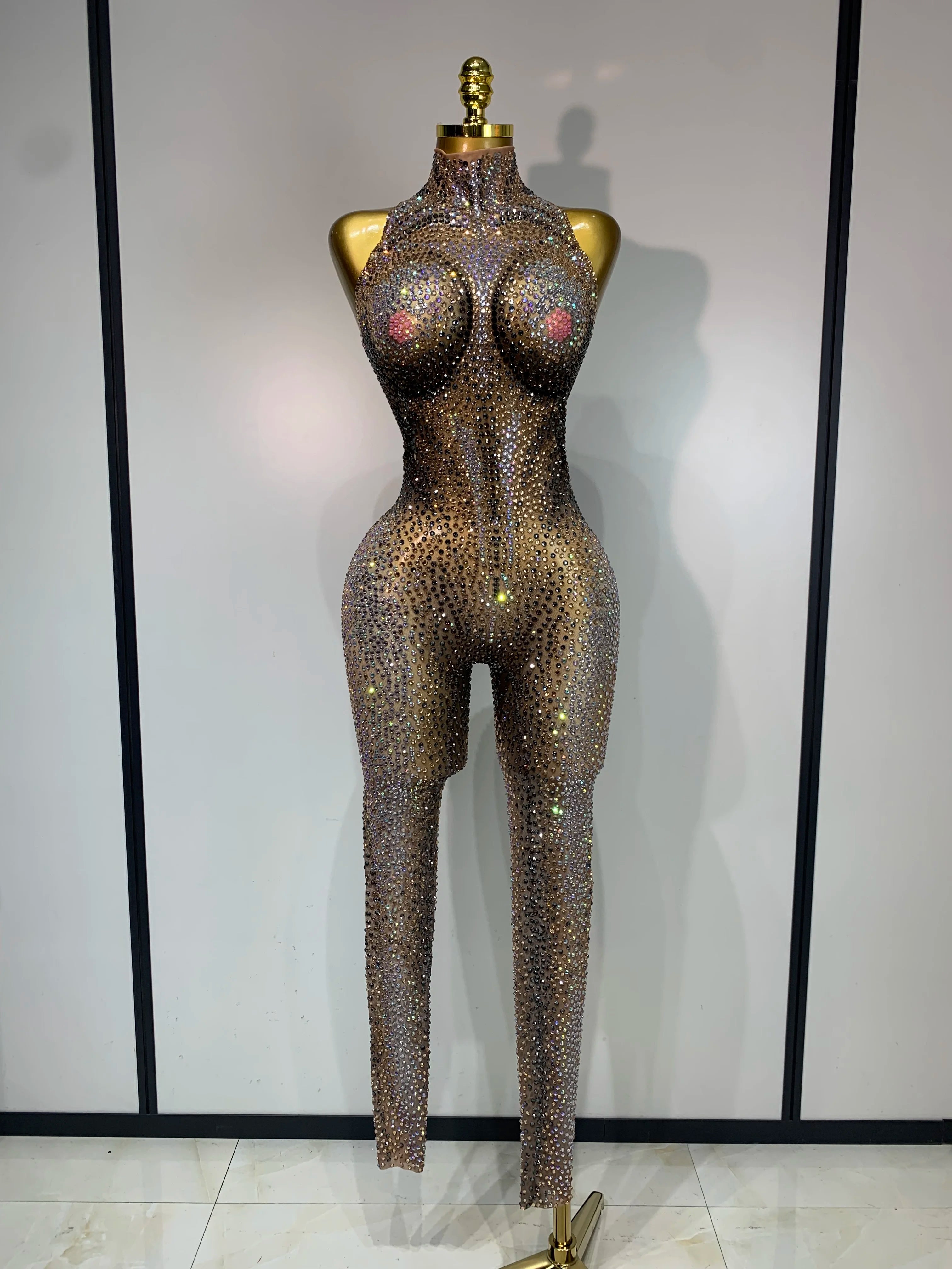 Luxury Rhinestones Mesh See Through Bodycon Jumpsuit Sparkly Nightclub Birthday Party Singer Dancer Stage Performance Costume